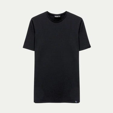 Merino Black t-shirt on a light gray background