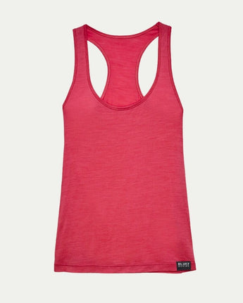 Raspberry Red racerback Merino tank top on a light gray background © Bluey Merino Tasmania
