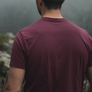 Person wearing a maroon Merino t-shirt standing with their back to the camera, looking at a misty Tasmanian wilderness © Bluey Merino Tasmania