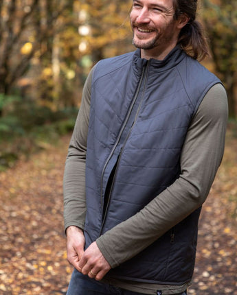 Man wearing a Merino quilted gilet vest in northern Tasmanian wilderness © Bluey Merino Tasmania