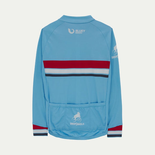 Blue Merino cycling jersey with red and black stripes on a white background © Bluey Merino Tasmania
