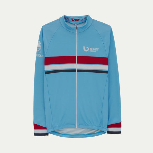 Blue Merino cycling jersey with red and black stripes on a white background © Bluey Merino Tasmania