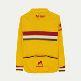 Yellow Merino cycling jersey with red and black stripes on a white background © Bluey Merino Tasmania