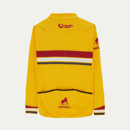 Yellow Merino cycling jersey with red and black stripes on a white background © Bluey Merino Tasmania