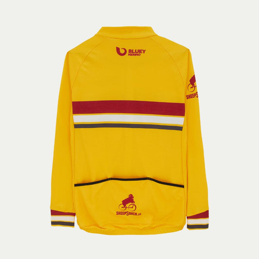 Yellow Merino cycling jersey with red and black stripes on a white background © Bluey Merino Tasmania