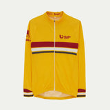 Yellow Merino cycling jersey with red and black stripes on a white background © Bluey Merino Tasmania