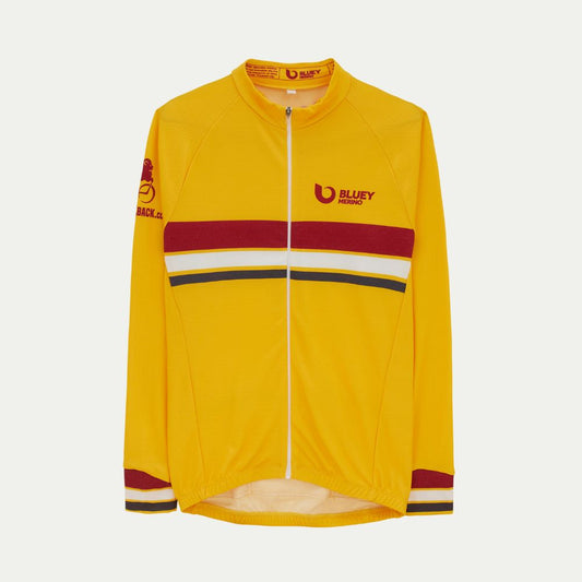 Yellow Merino cycling jersey with red and black stripes on a white background © Bluey Merino Tasmania