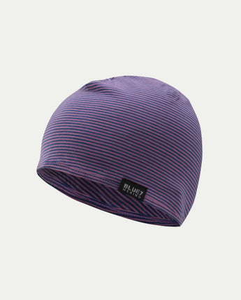 Purple and pink striped Merino pocket beanie © Bluey Merino Tasmania