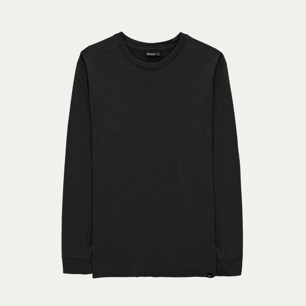 Black - Currawong long-sleeve Merino shirt ghost image style. © Bluey Merino Tasmania