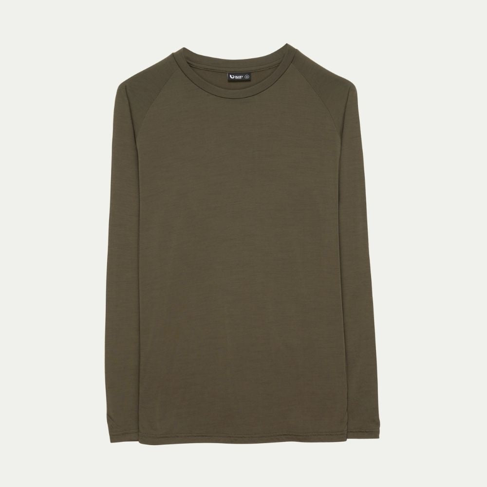 Sage Green long-sleeve Merino shirt on a white background  © Bluey Merino Tasmania