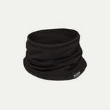 Currawong black Merino neck gaiter - chute - neck warmer - with a brand label on a white background © Bluey Merino Tasmania