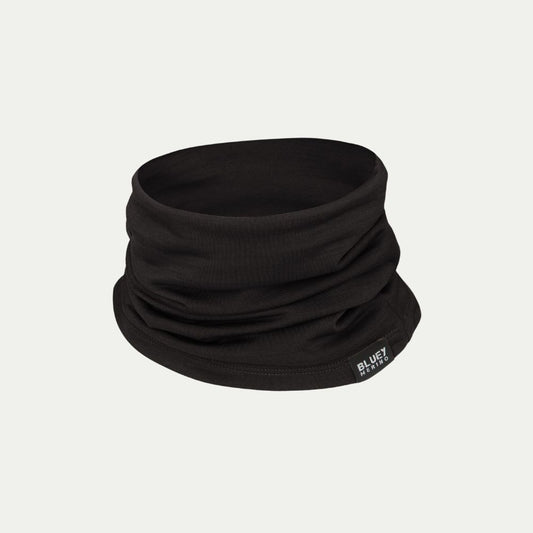 Currawong black Merino neck gaiter - chute - neck warmer - with a brand label on a white background © Bluey Merino Tasmania