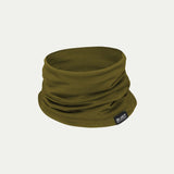 Olive Green - Merino neck gaiter - chute - neck warmer - with a brand label on a white background © Bluey Merino Tasmania