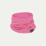 Pink Merino neck gaiter - chute - neck warmer - with a brand label on a white background © Bluey Merino Tasmania