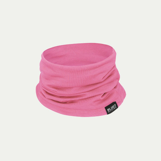 Pink Merino neck gaiter - chute - neck warmer - with a brand label on a white background © Bluey Merino Tasmania