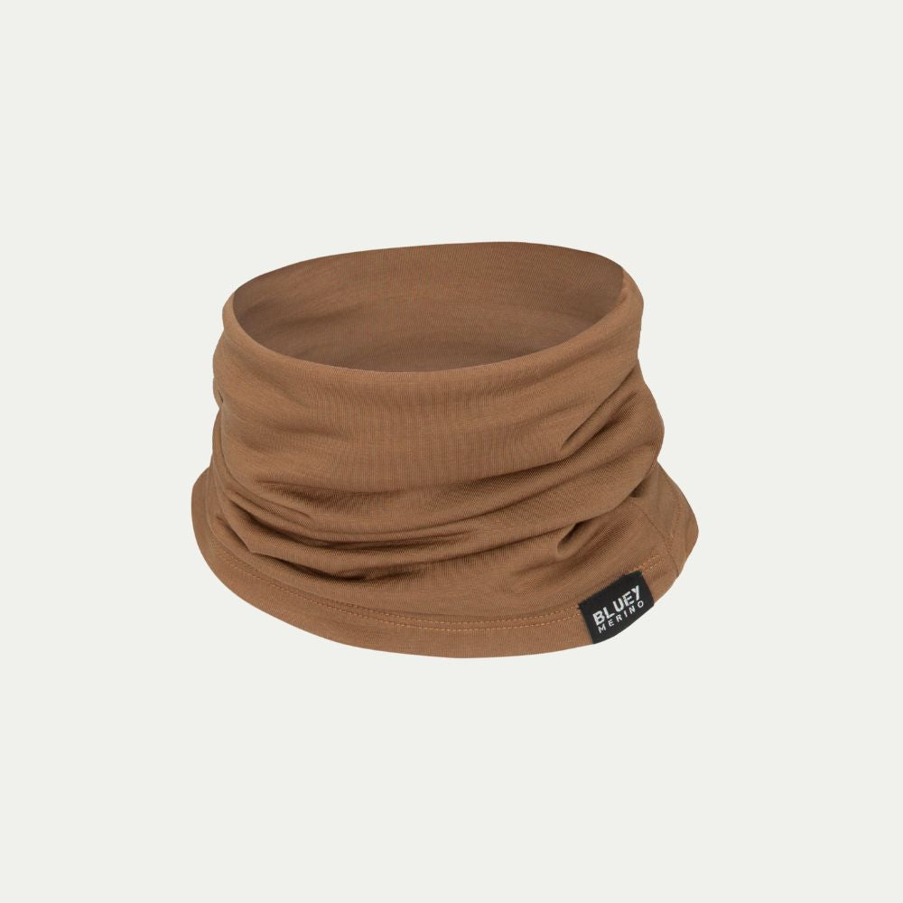 Bark - tan Merino neck gaiter - chute - neck warmer - with a brand label on a white background © Bluey Merino Tasmania