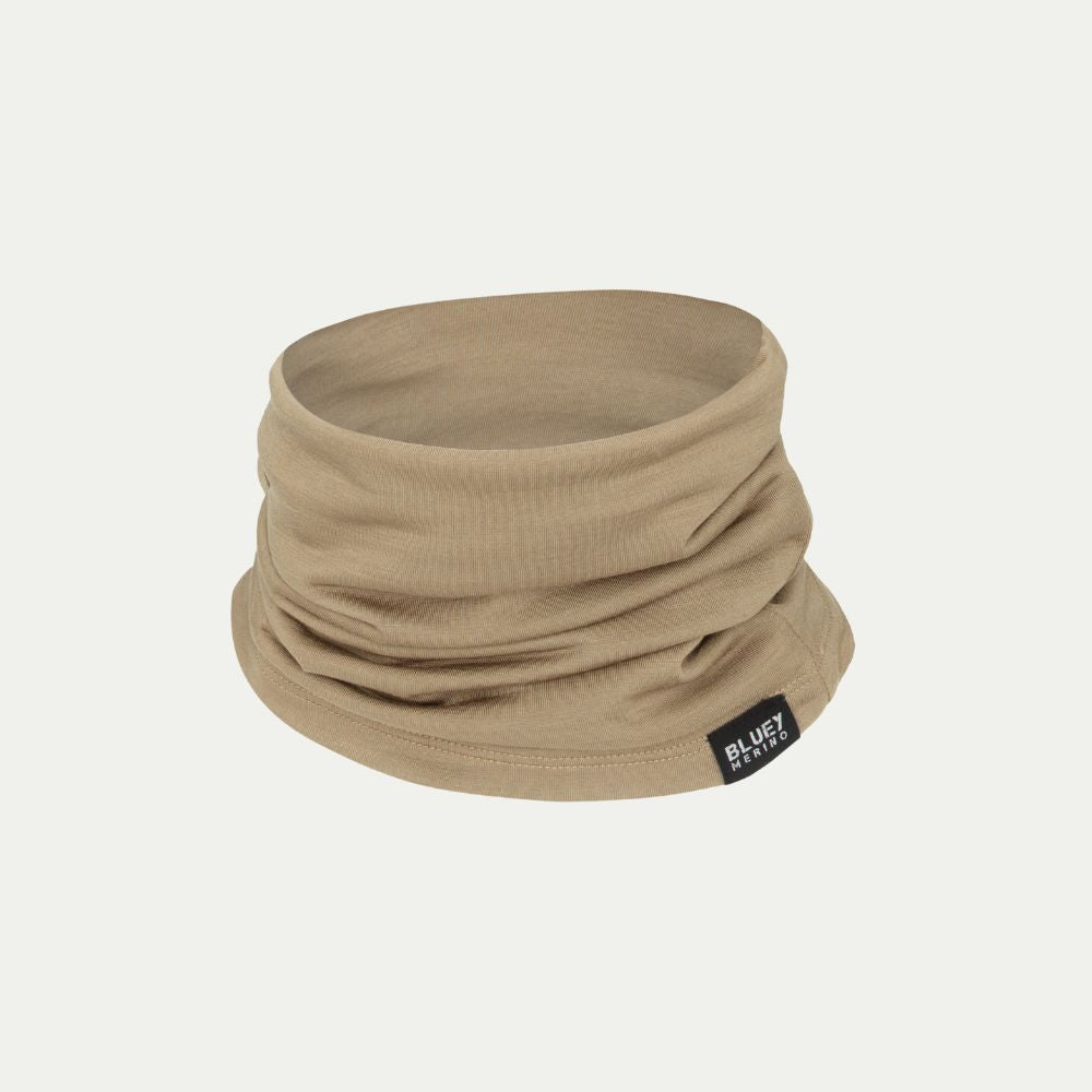 Merino neck gaiter - chute - neck warmer - with a brand label on a white background © Bluey Merino Tasmania