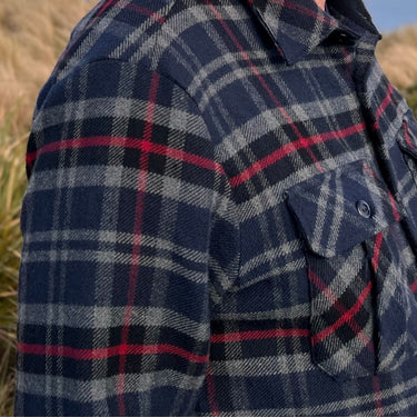 Merino Plaid shirt with two chest pockets on a light grey background © Bluey Merino Tasmania