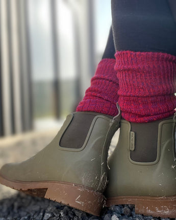 closeup on feet wearing Merry people boots, pink and red thick Merino boot socks © Bluey Merino Tasmania