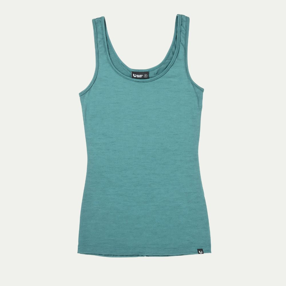 Merino tank top in the colour Oyster Bay (Duck Egg Blue) flat lay. © Bluey Merino Tasmania