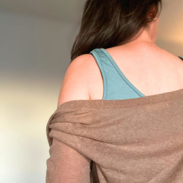 Back view women wearing the Merino tank top in the colour Oyster Bay (Duck Egg Blue) © Bluey Merino Tasmania