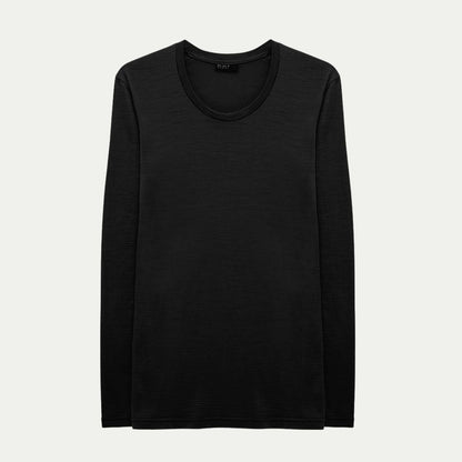 Black Merino long-sleeve base layer on a light grey background © Bluey Merino Tasmania