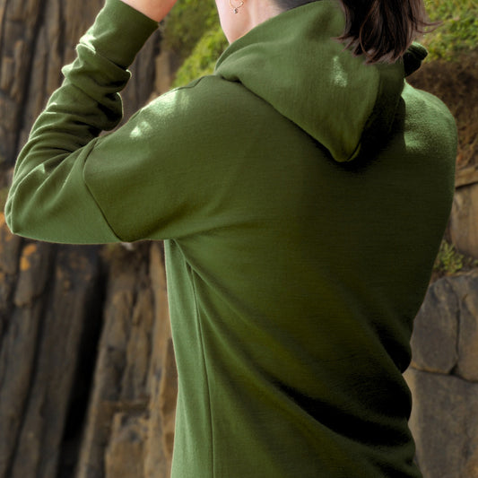 Women's Nora Superfine Merino Hoodie - Moss Green - Bluey Merino Tasmania