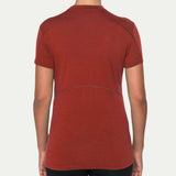 Red t-shirt worn by a person on a white background