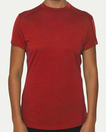 Red t-shirt worn by a person on a white background