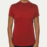 Red t-shirt worn by a person on a white background