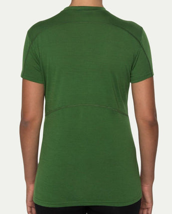 Moss green Merino t-shirt worn by a person on a white background - back view © Bluey Merino Tasmania