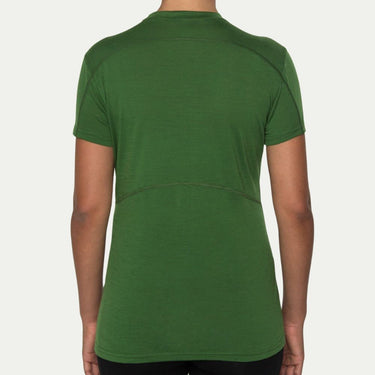 Moss green Merino t-shirt worn by a person on a white background - back view © Bluey Merino Tasmania