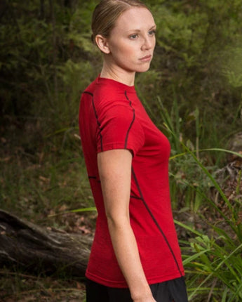 Women's Tasmanian Merino Outdoor T-Shirt Red + Black (XS) - Final Sale - Bluey Merino Tasmania